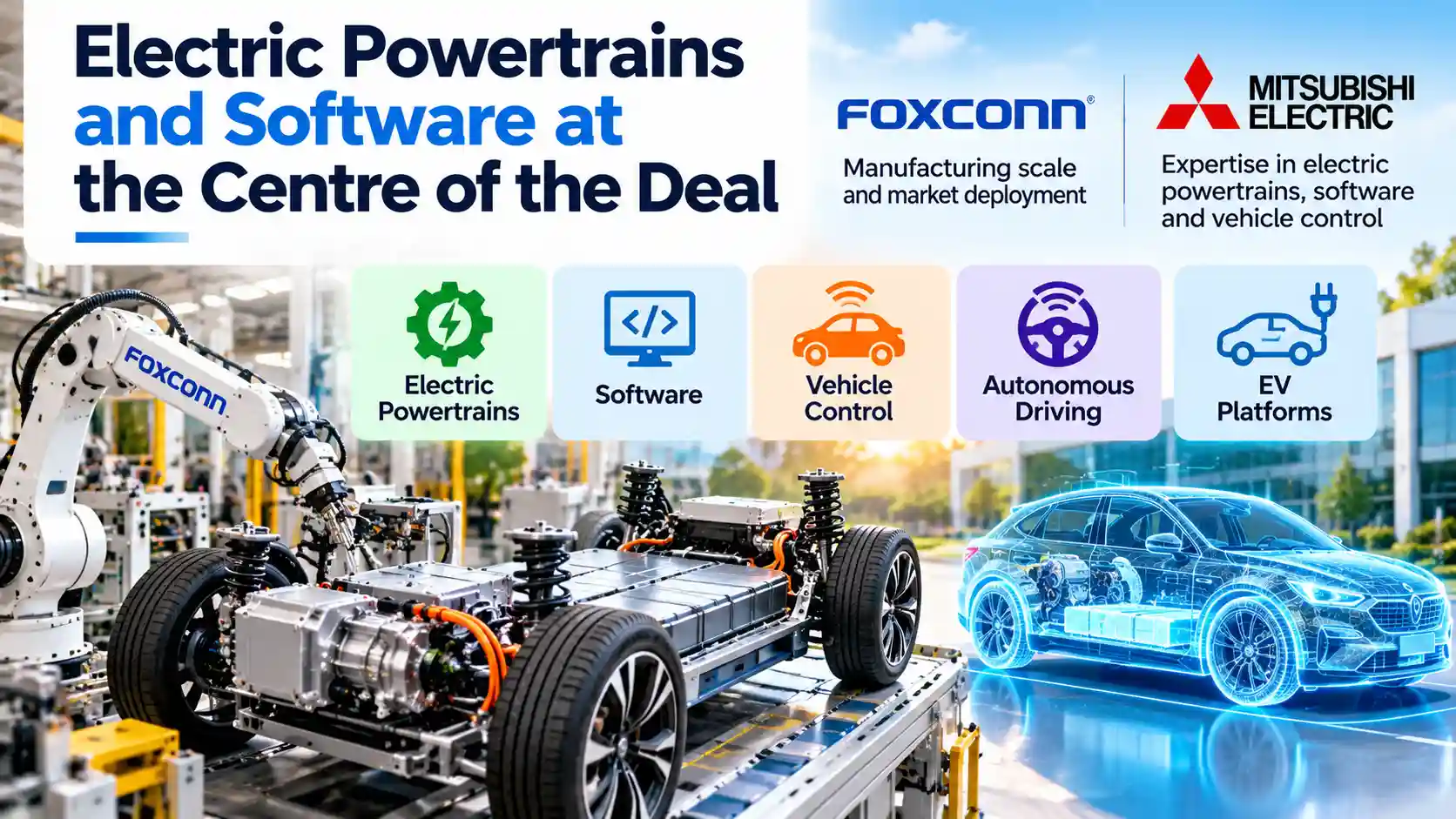 Infographic showing Foxconn and Mitsubishi Electric combining electric powertrains, software, vehicle control, autonomous driving and EV platform expertise to develop next-generation electric vehicle technologies.

