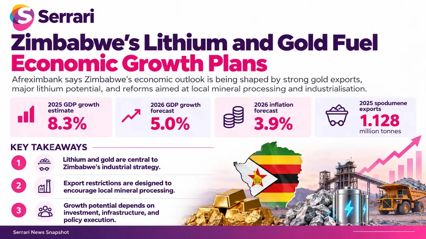 Infographic showing how Zimbabwe’s lithium and gold resources support economic growth plans, highlighting mineral production, mining investment, export earnings, and industrial development