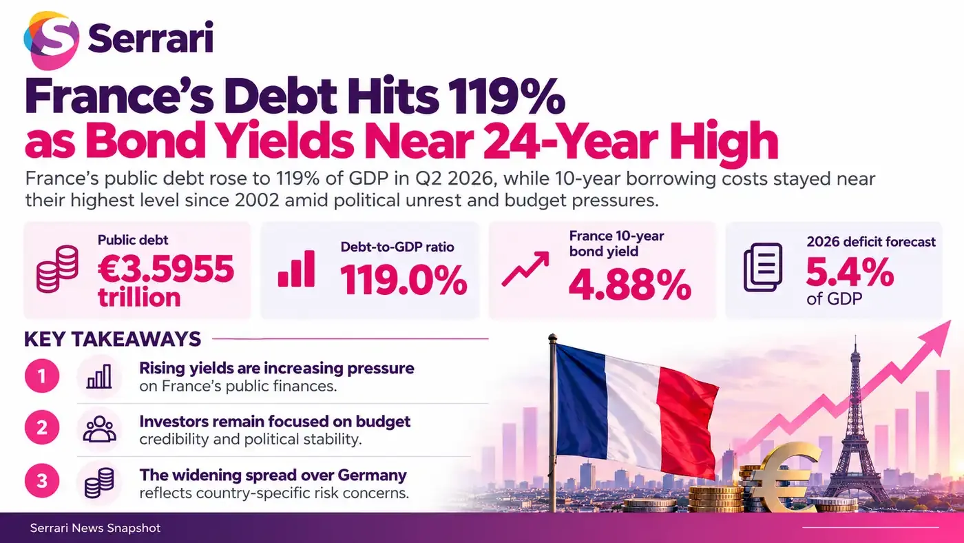 Infographic showing France’s public debt at 119% and bond yields nearing a 24-year high, highlighting government borrowing, fiscal deficits, debt sustainability, and financial market risks