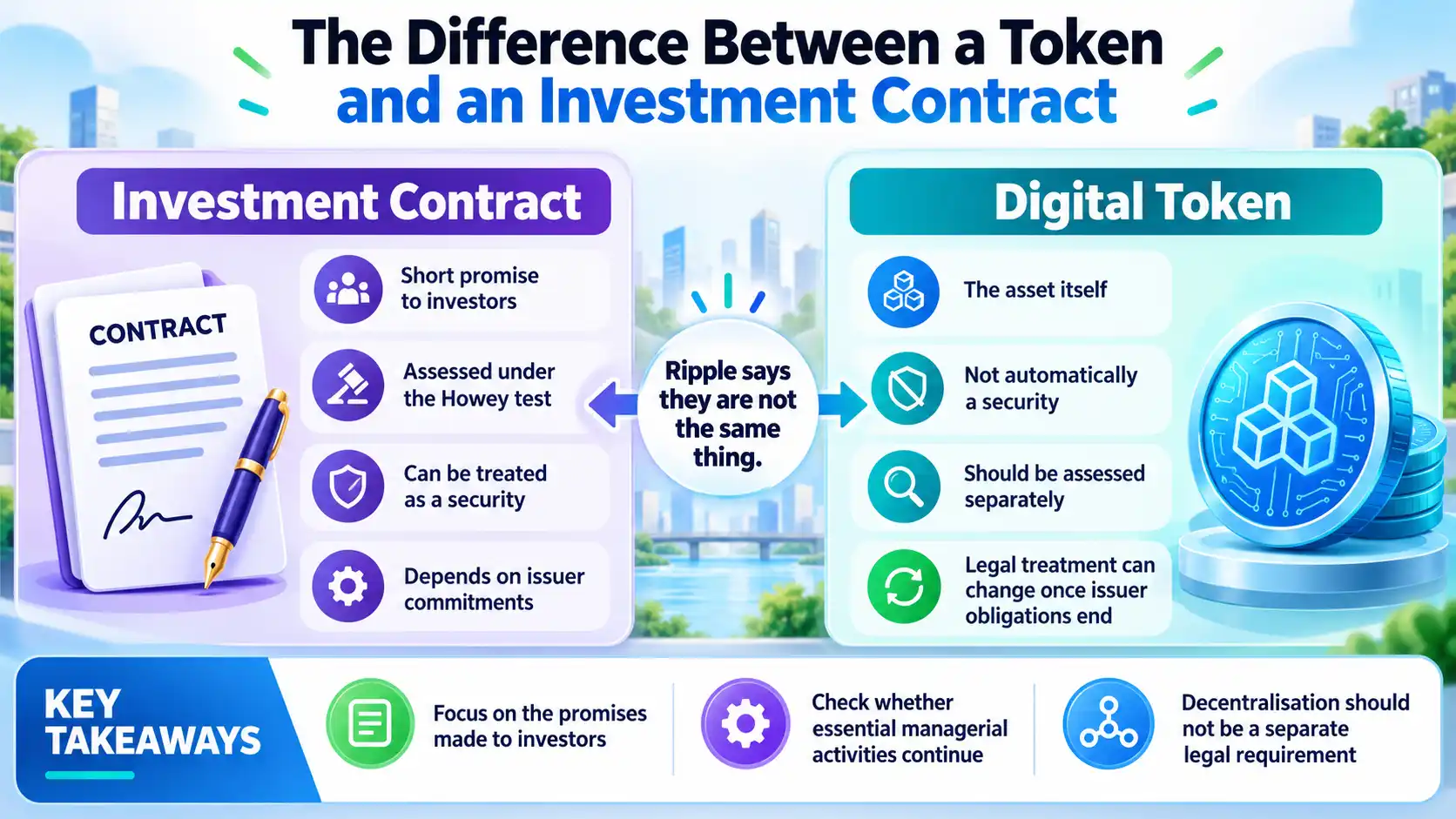 Infographic explaining Ripple’s view that a digital token and an investment contract should be assessed separately, with securities treatment depending on issuer promises, managerial obligations and the Howey test.