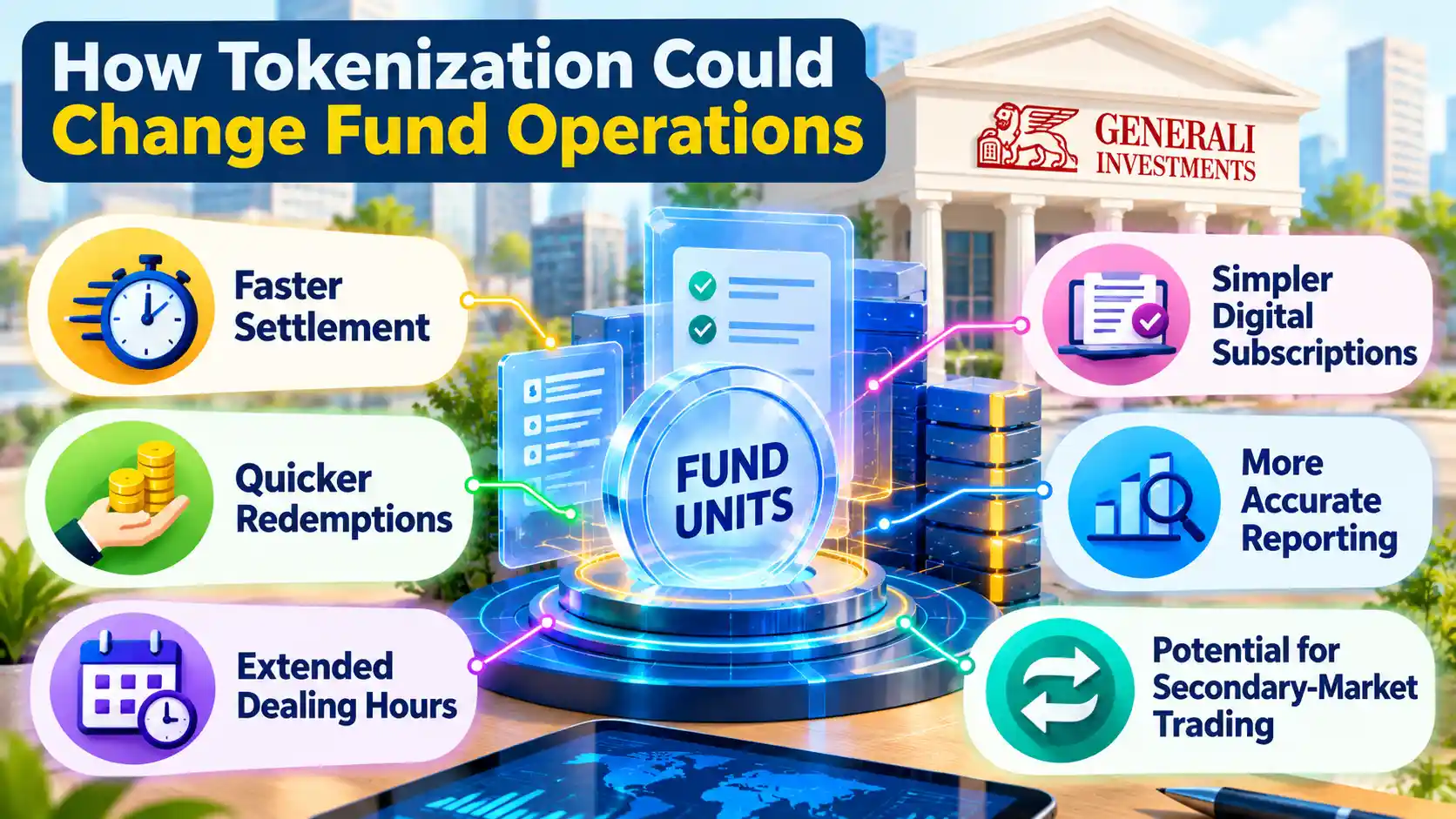Infographic showing how tokenization could improve fund operations through faster settlement, quicker redemptions, extended dealing hours, simpler digital subscriptions, more accurate reporting and potential secondary-market trading.