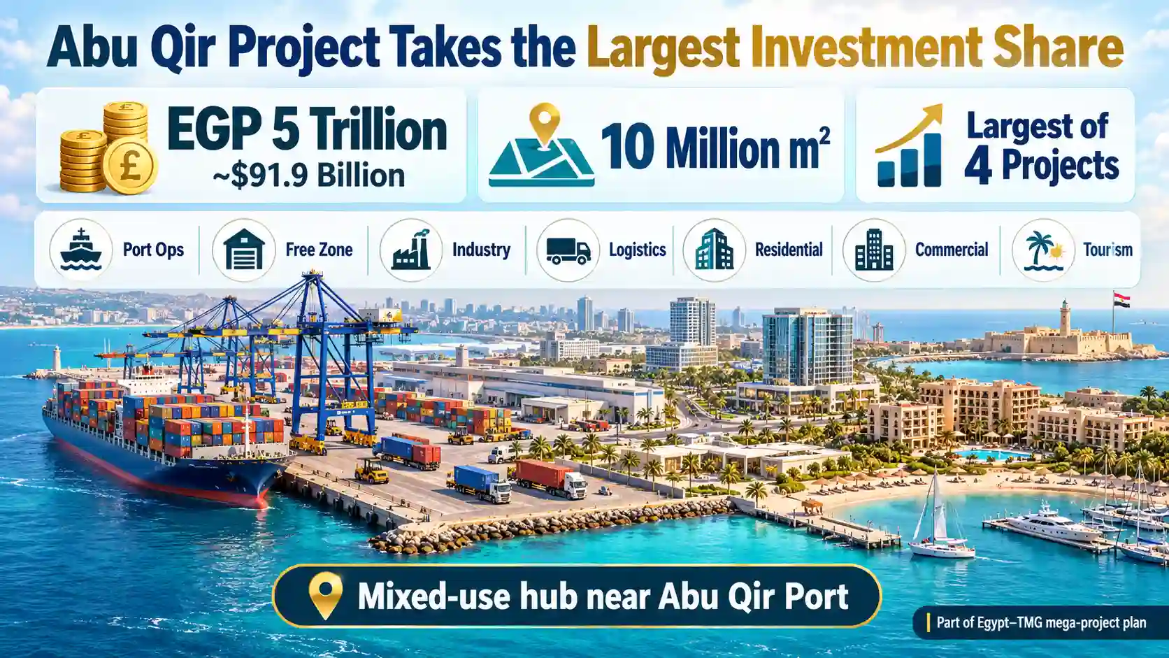 Infographic showing the Abu Qir project as the largest of Egypt’s four TMG developments, with targeted investment of EGP 5 trillion (about $91.9 billion) across a 10 million m² mixed-use hub near Abu Qir Port.