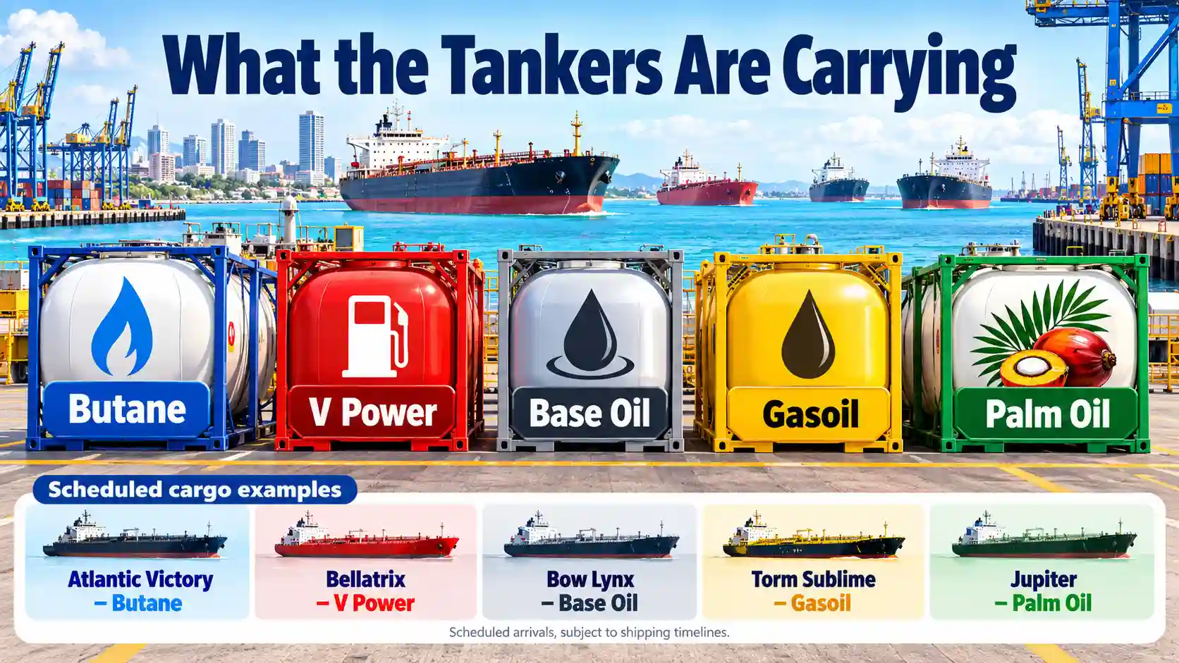 Infographic showing scheduled tanker cargoes arriving in Kenya, including butane, V Power, base oil, gasoil and palm oil, with vessels such as Atlantic Victory, Bellatrix, Bow Lynx, Torm Sublime and Jupiter.