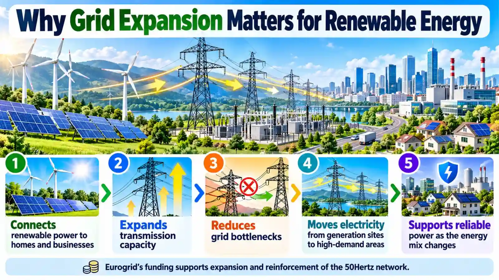 Infographic showing Eurogrid’s €500 million green bond supporting 50Hertz grid expansion to strengthen Germany’s transmission network and integrate more renewable electricity.