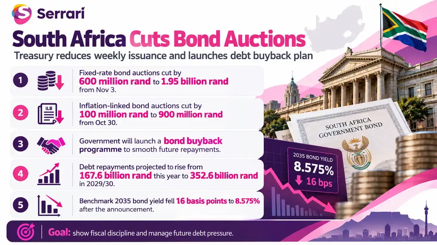 Infographic showing South Africa reducing government bond auctions amid rising debt payments, highlighting borrowing costs, debt servicing, fiscal policy, and government financing
