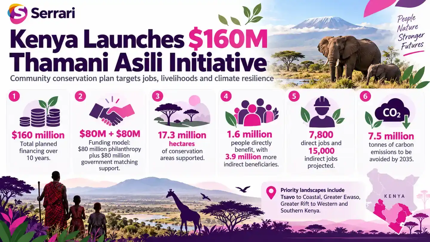 Infographic showing Kenya’s $160 million community conservation plan, highlighting wildlife protection, biodiversity funding, local community benefits, and sustainable environmental management