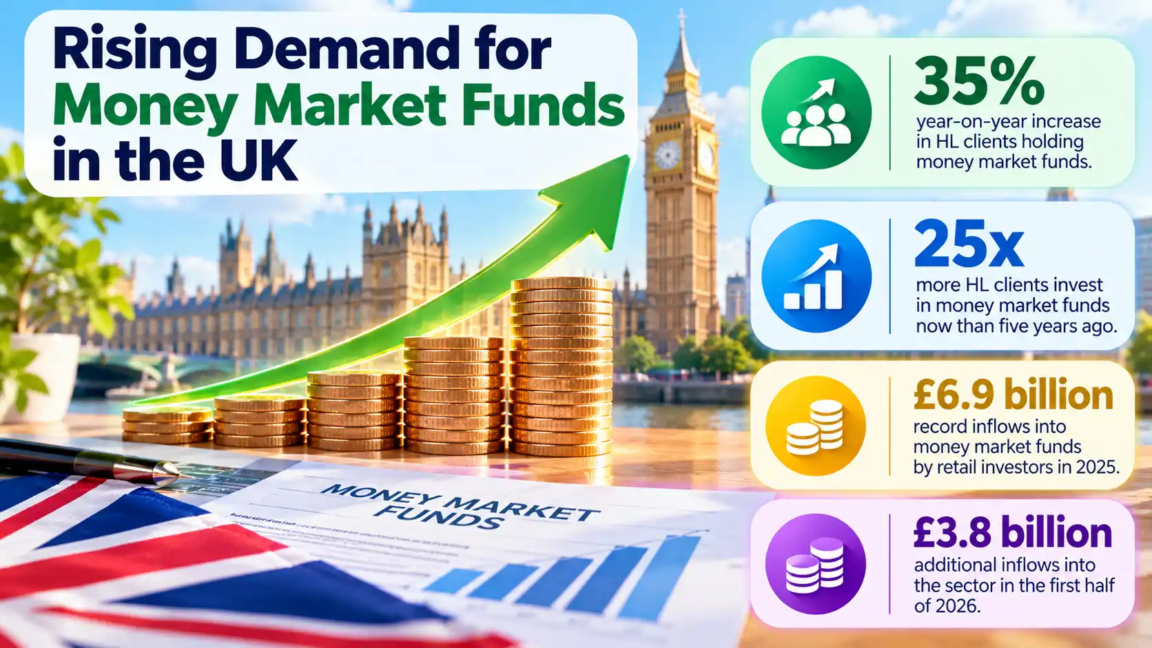UK money market fund demand rises, with HL clients up 35% year on year and strong retail inflows continuing in 2026.