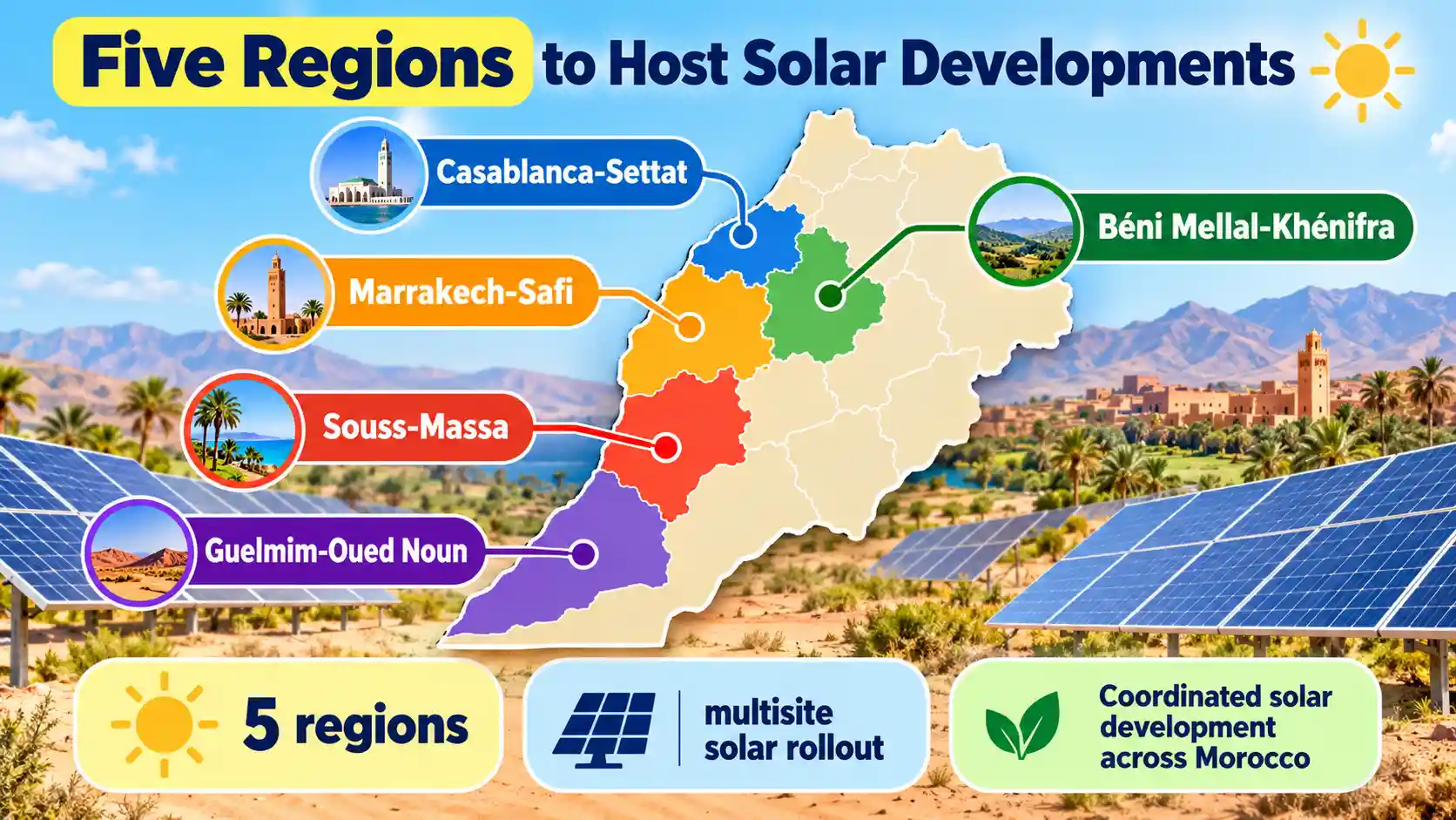 Infographic showing Morocco’s NOOR PV Multisites solar programme across five regions—Casablanca-Settat, Béni Mellal-Khénifra, Marrakech-Safi, Souss-Massa and Guelmim-Oued Noun.