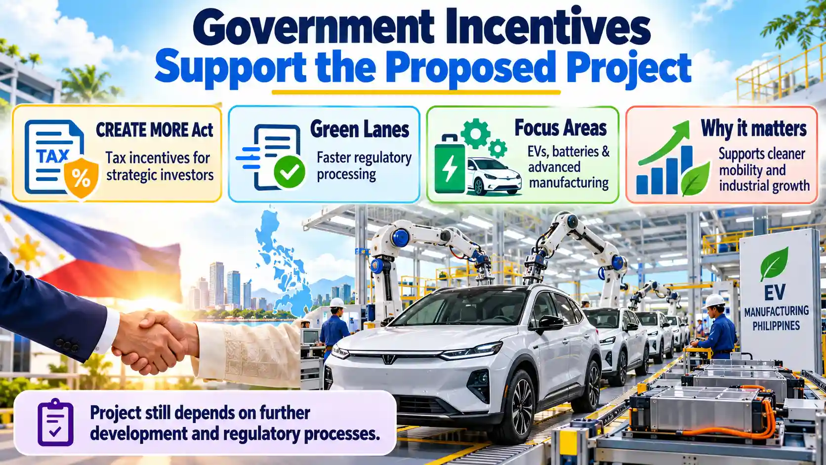 Infographic showing Philippine government incentives supporting Vingroup’s proposed EV plant, including CREATE MORE Act tax incentives and Green Lane regulatory processing for strategic investments.