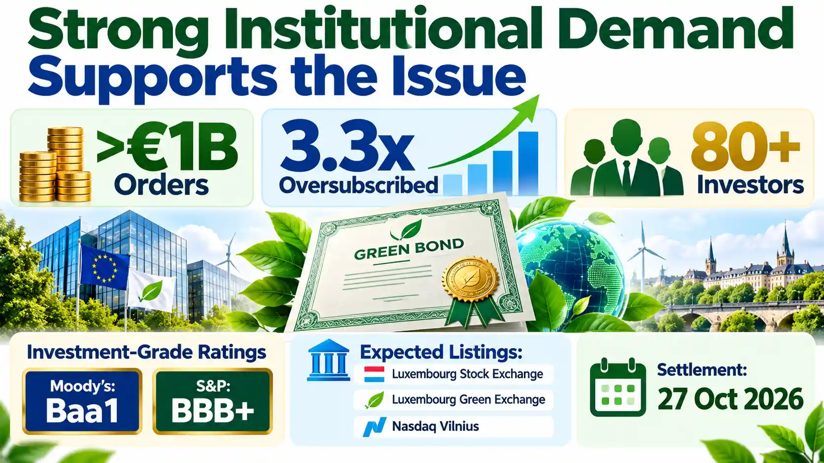 Lithuanian energy company Ignitis Group has priced its inaugural €300 million European Green Bond (EuGB), marking its entry into the European Union's dedicated green bond framework. The five-year senior unsecured notes carry a fixed annual coupon of 4.5% and mature on October 27, 2031. The transaction attracted more than €1 billion in investor orders, representing 3.3 times the issue size. Proceeds will support eligible expenditure on fixed assets and capital and operating costs, while part of the net proceeds will refinance existing debt, including a planned tender offer for outstanding bonds.
Key Overview
Bond value: €300 million.
Annual coupon: 4.500%, fixed for the bond's term.
Maturity date: October 27, 2031.
Investor demand: More than €1 billion in orders, equivalent to 3.3 times the issue size.
Issue price: 99.676% of nominal value.
Use of proceeds: Eligible expenditure associated with green financing and refinancing existing debt.
Ignitis Group Enters the European Green Bond Market
Ignitis Group, a Lithuanian integrated energy company, has priced its first European Green Bond, raising €300 million through a five-year senior unsecured bond issuance. The transaction was priced on October 20, 2026, and represents a new financing milestone for the company as it taps the European green debt market.
The notes carry a fixed annual coupon of 4.500% and have a maturity date of 27 October 2031. As senior unsecured debt, the bonds are not secured against specific assets, while investors rank ahead of subordinated creditors in the company's capital structure, subject to applicable insolvency rules.
The bond was issued at 99.676% of its nominal value, meaning investors pay slightly less than the face value when purchasing the notes at issuance. The pricing also represents a spread of 115 basis points above the mid-swap rate, a benchmark used to assess the additional yield investors demand for taking on credit risk.
The transaction was issued under the company's EUR 2,000,000,000 Euro Medium Term Note Programme, which provides a framework for issuing debt securities over time.
Strong Institutional Demand Supports the Issue
Alt text: Infographic showing strong institutional demand for Ignitis Group’s €300 million European Green Bond, with over €1 billion in orders, 3.3× oversubscription and participation from more than 80 investors.
The green bond attracted substantial interest from institutional investors. The final order book exceeded EUR 1.0 billion, equivalent to an oversubscription ratio of 3.3 times, with participation from more than 80 investors across Europe and other markets.
This level of demand indicates that investors submitted orders substantially exceeding the amount Ignitis Group intended to raise. Strong order books can give issuers greater flexibility when setting pricing and allocating bonds, although demand at issuance does not guarantee future market performance.
The notes are expected to receive credit ratings of Baa1 from Moody's and BBB+ from S&P, in line with the company's existing credit ratings. These are investment-grade ratings, indicating that the agencies consider the issuer to have an adequate capacity to meet its financial commitments, while still recognising credit risks.
The bonds are expected to be admitted to trading on the regulated market of the Luxembourg Stock Exchange, displayed on the Luxembourg Green Exchange and listed on Nasdaq Vilnius. Settlement is expected on October 27, 2026.
Context is everything. Stay ahead of shifting trends with today’s market updates, and uncover emerging opportunities using the Serrari Group Market Index and Marketplace. Then, take control of your own financial future by exploring our Money & Life Reset Transformation Blueprint ™ to build stronger habits, create better systems, and design a path toward lasting wealth.
Where the Green Bond Proceeds Will Go
Ignitis Group intends to allocate an amount equivalent to the gross proceeds towards financing or refinancing eligible fixed assets and capital and operating expenditure under the gradual approach provided for in the EU Green Bond Regulation.
The issuance follows the European Green Bond framework, which establishes requirements for bonds marketed under the EuGB designation. The framework is intended to improve transparency around the environmental objectives and use of proceeds associated with green financing.
However, the financing commitment does not mean that the entire €300 million will fund new renewable energy projects. Eligible expenditure may include refinancing existing investments and covering qualifying operating or capital costs, depending on the applicable allocation rules.
The company also plans to use some or all of the net proceeds to refinance existing indebtedness, including obligations associated with a tender offer for its outstanding €300 million notes carrying a 2.000% coupon and maturing on July 14, 2027.
The tender offer was announced on October 19, 2026. Its final results are to be communicated separately, so the amount of existing debt ultimately repurchased remains subject to the outcome of that process.
What the Issuance Means for Ignitis Group
The bond gives Ignitis Group access to long-term funding while diversifying its financing instruments through a European Green Bond issuance. Refinancing debt can also help companies manage upcoming maturities, adjust financing costs and maintain flexibility in their capital structures.
The transaction's five-year maturity extends the repayment horizon beyond the company's existing notes due in 2027. However, the overall financial benefit will depend on the company's funding costs, the final refinancing outcome and the performance of its wider business.
The issuance also provides a way to connect institutional capital with eligible environmental expenditure under a defined European framework. Investors can assess the bond's stated green financing purpose alongside conventional credit considerations, including the issuer's financial position, debt levels and ability to service its obligations.
Ignitis Group has stated that the transaction does not change its 2026 Adjusted EBITDA and investment guidance. The bond therefore represents a financing development rather than an announced revision to the company's operating outlook.
Outlook
Ignitis Group's inaugural €300 million European Green Bond combines long-term financing with a framework for supporting eligible green expenditure and refinancing existing debt. Strong investor demand demonstrates interest in the transaction, while the fixed coupon and 2031 maturity provide clearly defined contractual terms.
The next milestones include settlement, the finalisation of the tender offer and subsequent disclosure of the bond's final terms and proceeds allocation. Investors will also watch how the company manages its debt maturities and reports on eligible expenditure.
Ultimately, the bond's significance will depend not only on its successful issuance but also on how effectively Ignitis Group deploys the financing, manages its liabilities and maintains transparency around the environmental purposes supported by the proceeds.
Frequently Asked Questions
1. How much did Ignitis Group raise through its inaugural green bond?
Ignitis Group priced €300 million in European Green Bonds, with a five-year maturity and a fixed annual coupon of 4.500%.
2. When will the Ignitis Group green bond mature?
The bond is scheduled to mature on October 27, 2031, with settlement expected on October 27, 2026.
3. How will Ignitis Group use the bond proceeds?
The company intends to finance or refinance eligible fixed assets and capital and operating expenditure. Some or all of the net proceeds will also support refinancing existing debt, including a tender offer for outstanding notes due in July 2027.
4. What was the level of investor demand for the bond?
The final order book exceeded €1 billion, representing 3.3 times the €300 million issue size, with participation from more than 80 institutional investors.
SOURCES: Yahoo Finance | Investegate | Ignitis Group
Your financial future isn’t something you wait for—it’s something you build.
The real question is: when do you begin?
Move beyond simply staying informed.
Navigate the markets with clarity—track trends through the Serrari Group Market Index, uncover opportunities in the Serrari Marketplace, and build practical knowledge with our Curated Wealth Builder Platform.
Stay connected to what truly matters.
Get daily insights on macro trends and financial movements across Kenya, Africa, and global markets—delivered through the Serrari Newsletter.
Growth opens doors.
Advance your career through professional programs including ACCA, HESI A2, ATI TEAS 7 , HESI EXIT , NCLEX - RN and NCLEX - PN, Financial Literacy!🌟—designed to move you forward with confidence.
See where money is flowing—clearly and in real time.
Track Money Market Funds, Treasury Bills, Treasury Bonds, Green Bonds, and Fixed Deposits, alongside global and African indexes, key economic indicators, and the evolving Crypto and stablecoin landscape—all within Serrari’s Market Index.