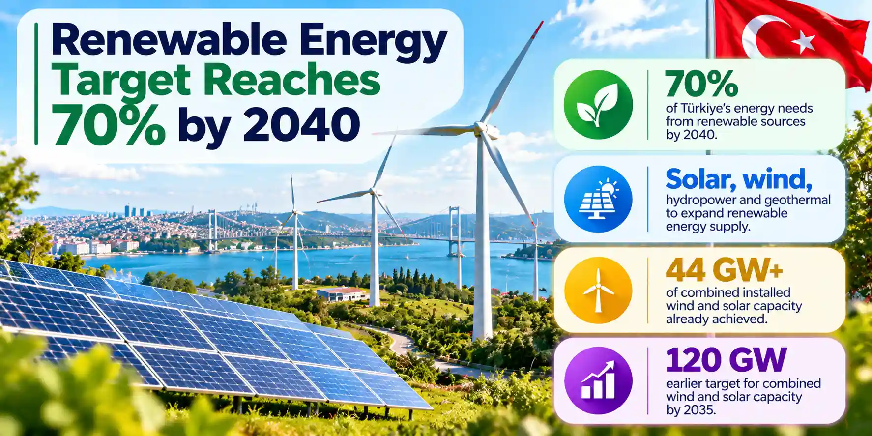 Infographic showing Türkiye’s target to meet 70% of its energy needs from renewable sources by 2040, supported by expanding solar, wind, hydropower and geothermal capacity.