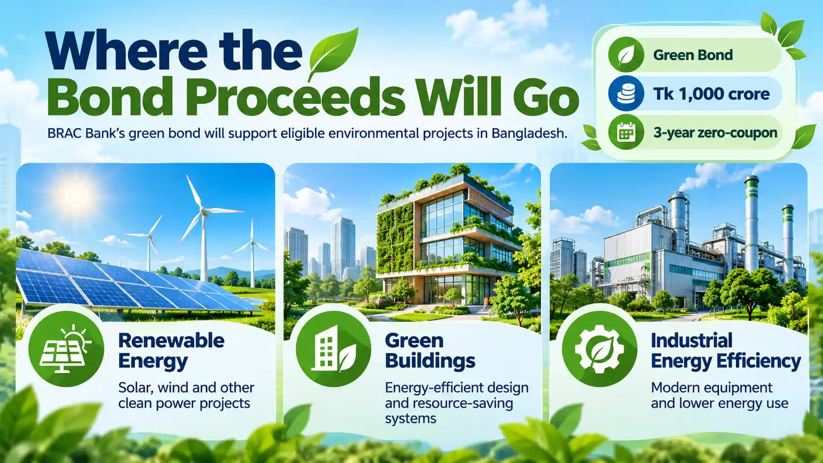 Infographic showing how BRAC Bank’s Tk 1,000 crore green bond will fund renewable energy, green buildings, and industrial energy-efficiency projects in Bangladesh.