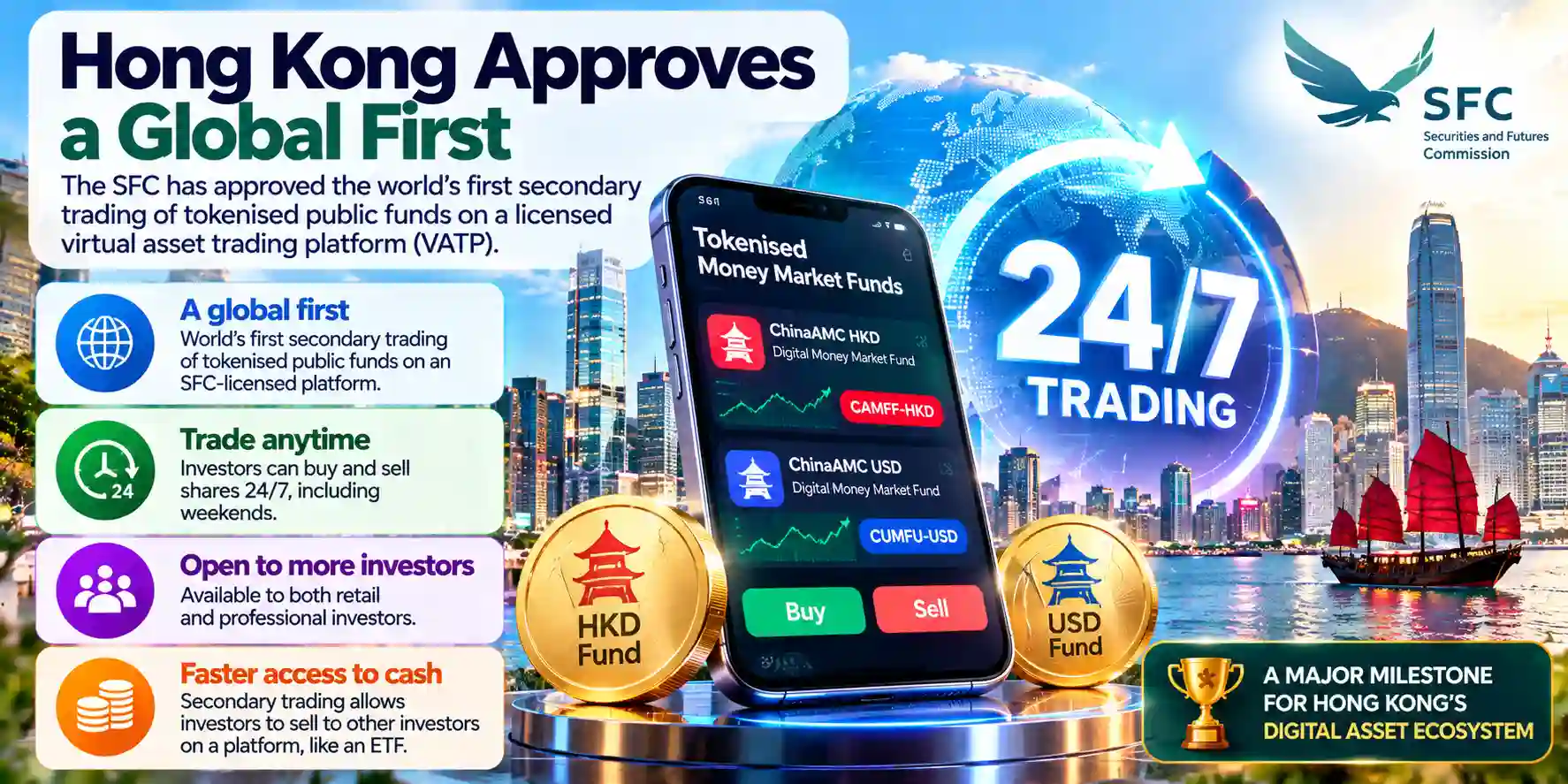 Infographic showing Hong Kong’s SFC-approved 24/7 secondary trading of ChinaAMC HKD and USD tokenised money market funds, giving retail and professional investors around-the-clock access.