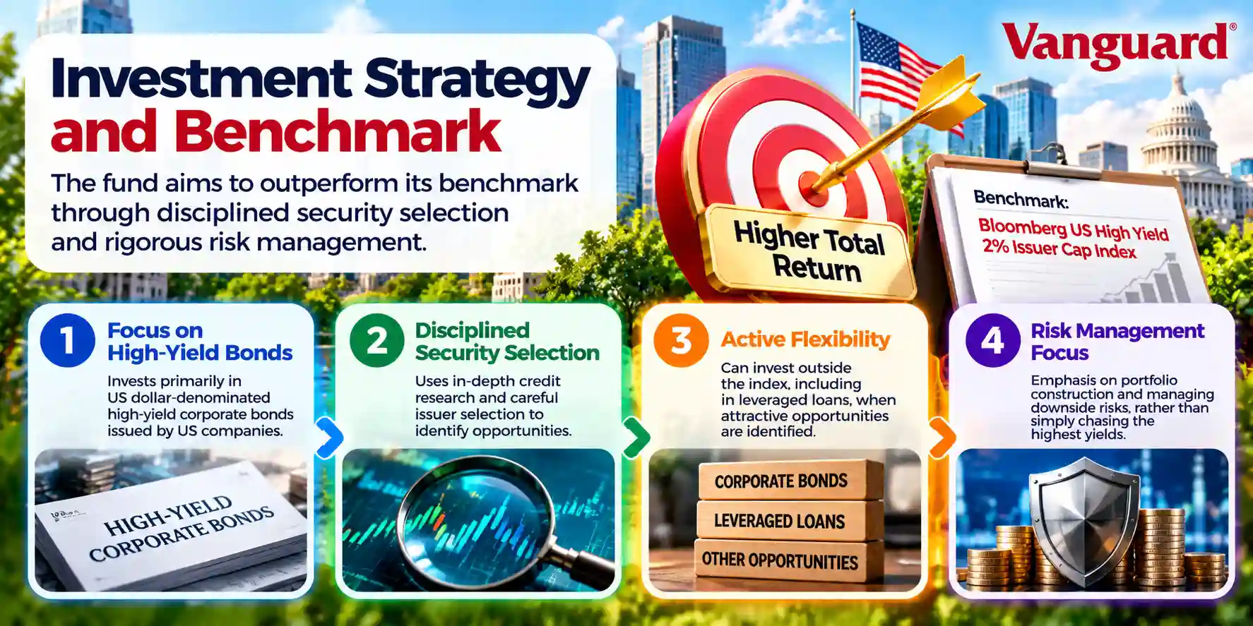 Infographic explaining Vanguard’s high-yield bond strategy, focused on US dollar corporate bonds, disciplined security selection, active flexibility and risk management against the Bloomberg US High Yield 2% Issuer Cap Index.