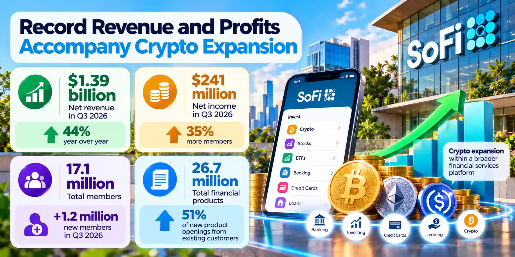 Infographic showing SoFi’s record Q3 2026 performance, including $1.39 billion in net revenue, $241 million in net income, 17.1 million members and 26.7 million financial products, alongside continued crypto expansion.