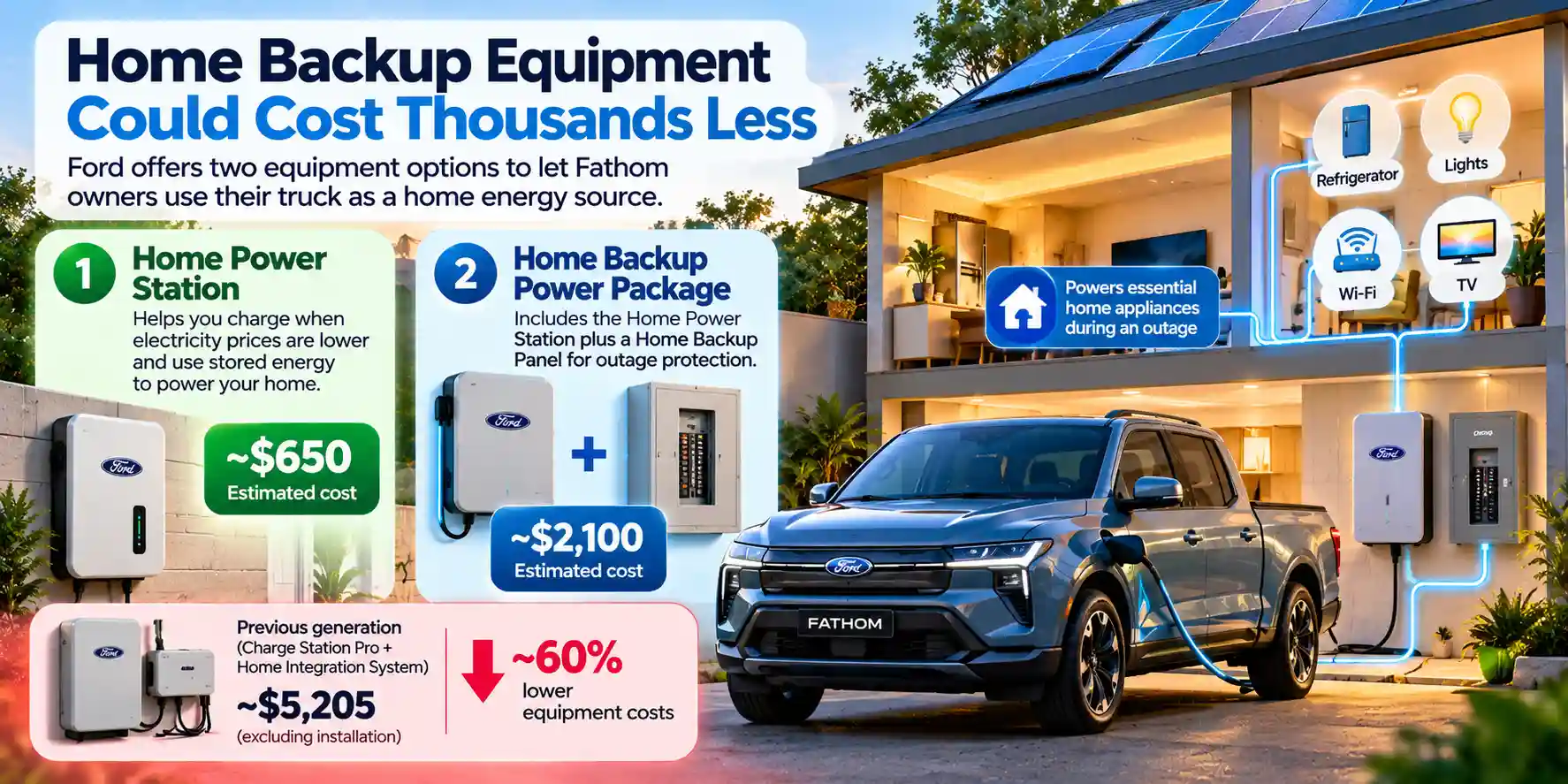 Infographic showing Ford Fathom home backup equipment, including an estimated $650 Home Power Station, $2,100 Home Backup Power package, and about 60% lower equipment costs versus Ford’s previous-generation system.