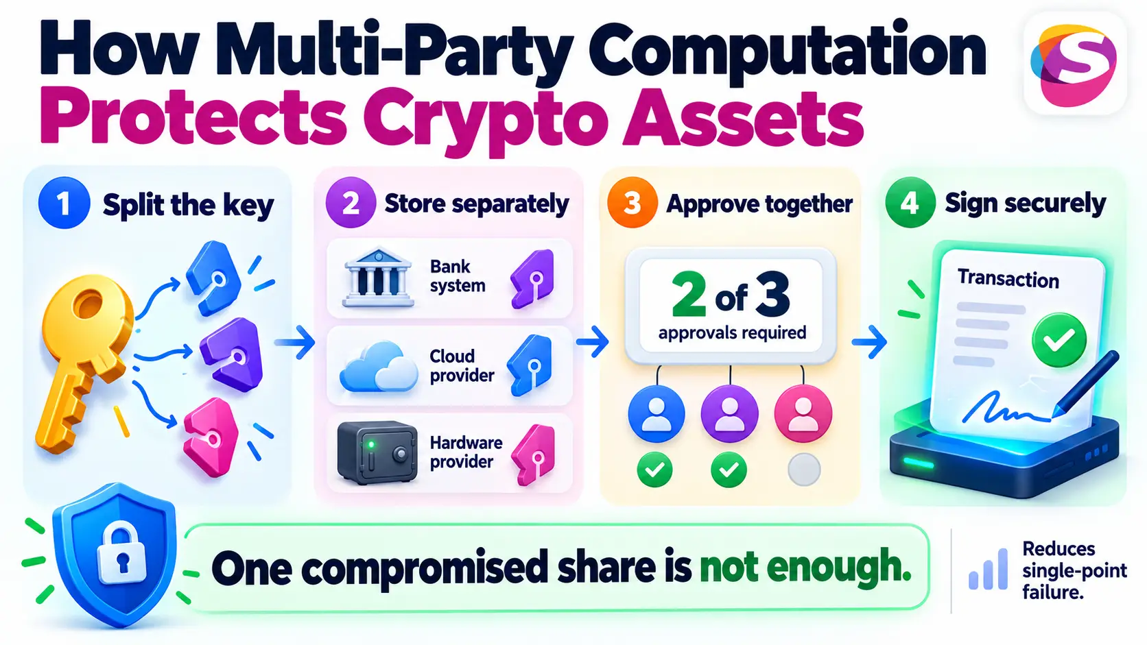 Infographic showing how Google’s multi-party computation splits crypto private-key control across multiple environments to reduce single-point-of-failure risk.