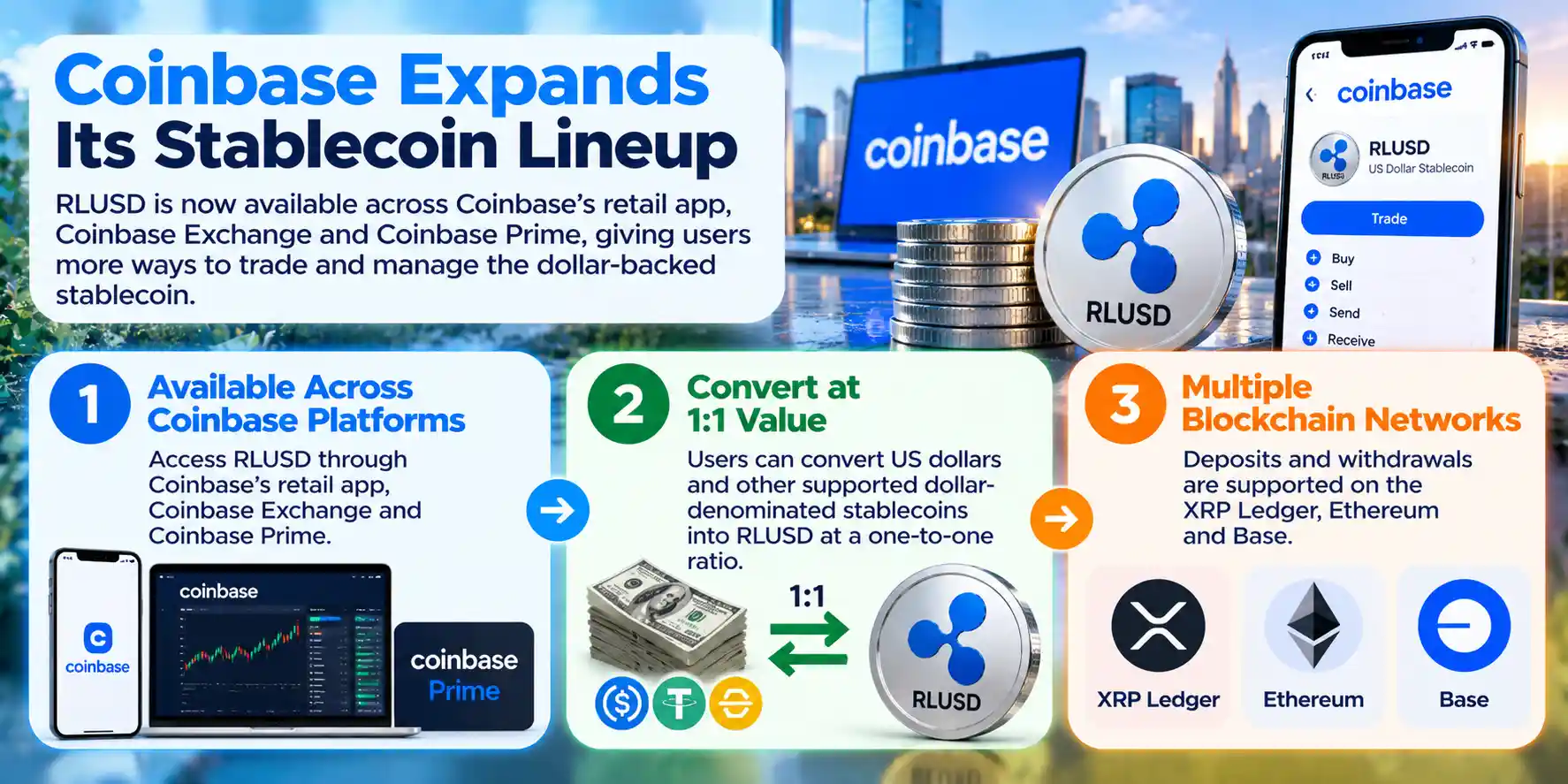 Infographic showing RLUSD availability across Coinbase retail, Exchange and Prime, with 1:1 conversion and transfers supported on XRP Ledger, Ethereum and Base.