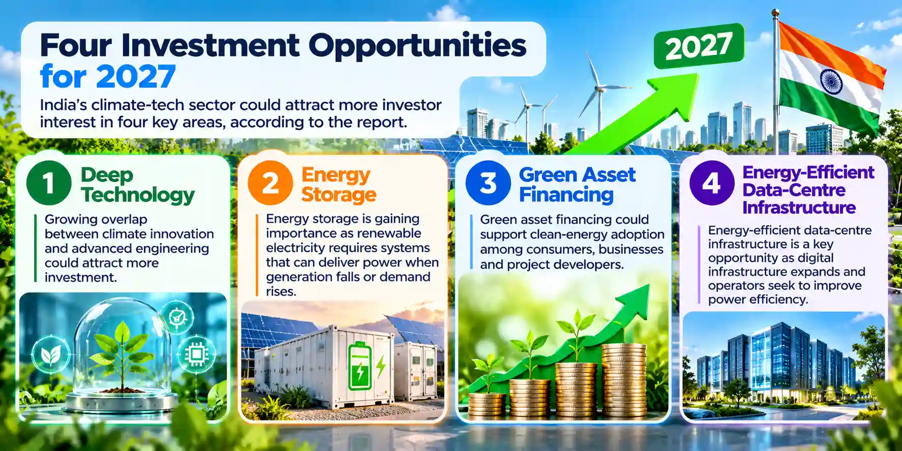 Infographic highlighting four climate-tech investment opportunities in India for 2027: deep technology, energy storage, green asset financing and energy-efficient data-centre infrastructure.