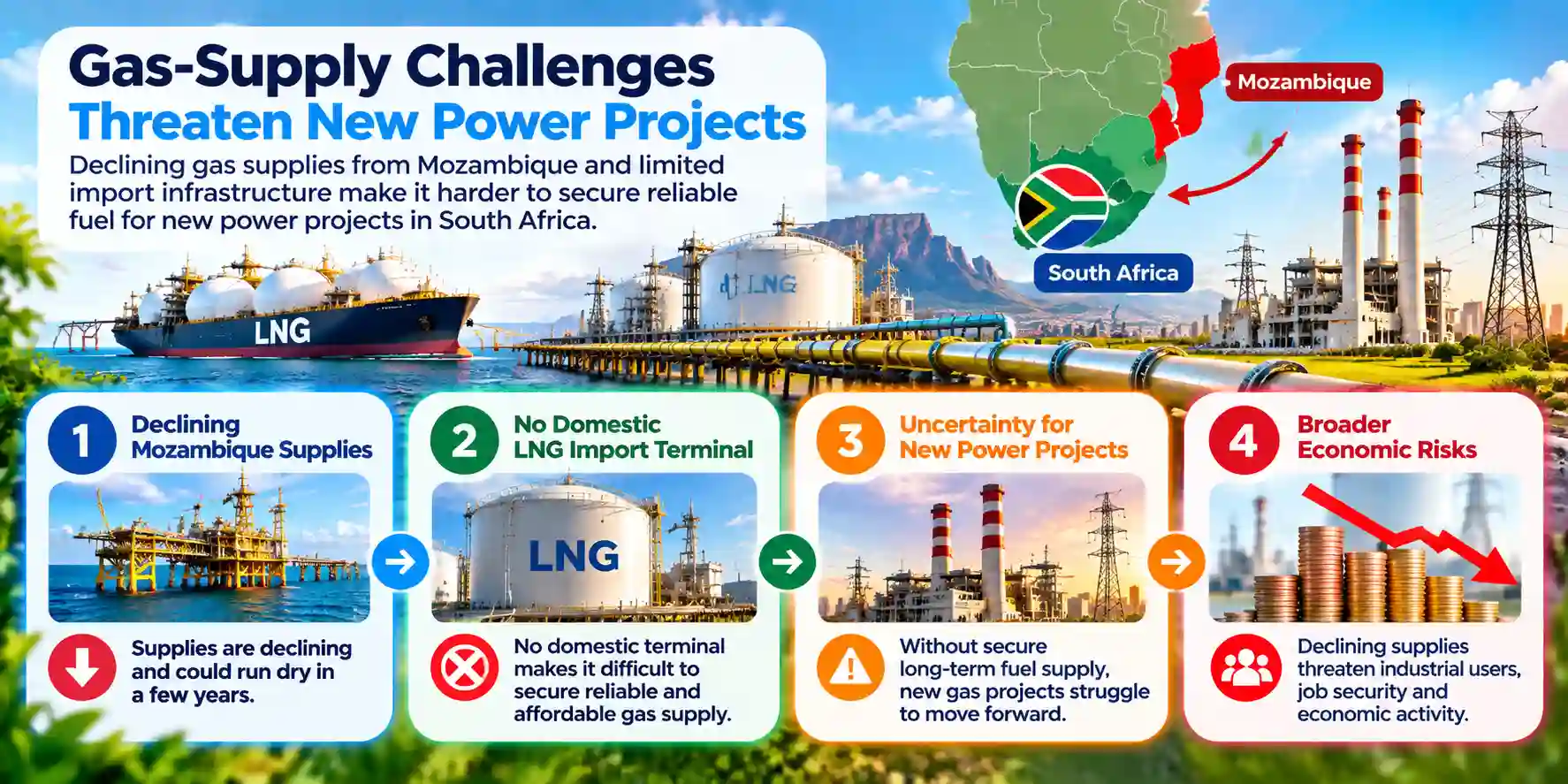 Infographic showing how declining Mozambique gas supplies and limited LNG import infrastructure threaten new South African power projects and wider economic activity.