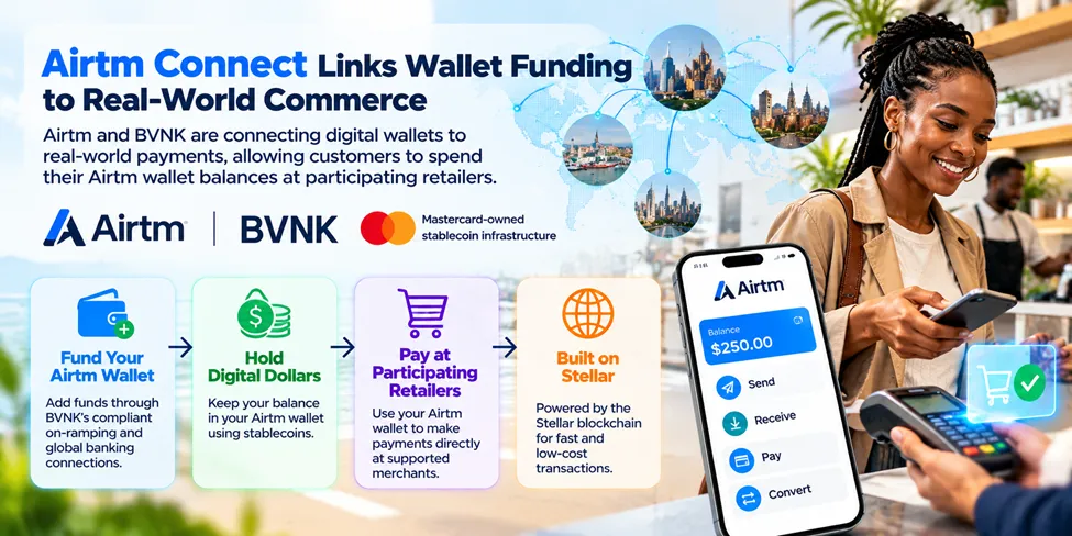 Infographic showing Airtm Connect linking digital-wallet funding to real-world payments through BVNK and the Stellar blockchain.