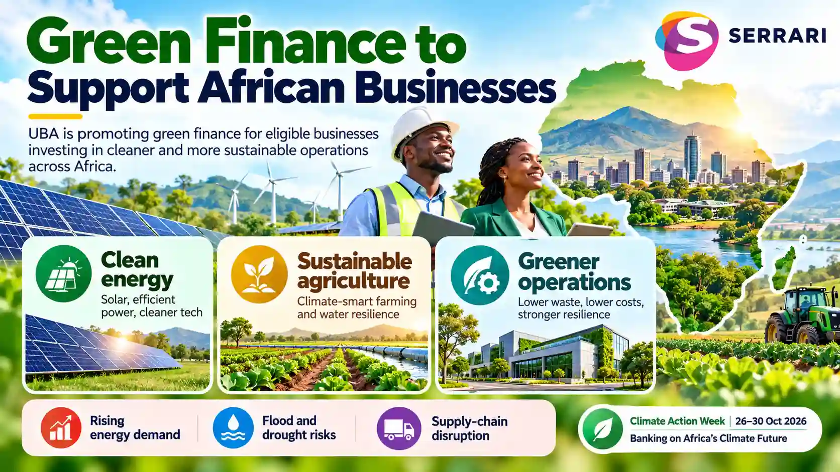 Infographic showing UBA’s green finance support for African businesses investing in clean energy, sustainable agriculture and greener operations during Climate Action Week.
