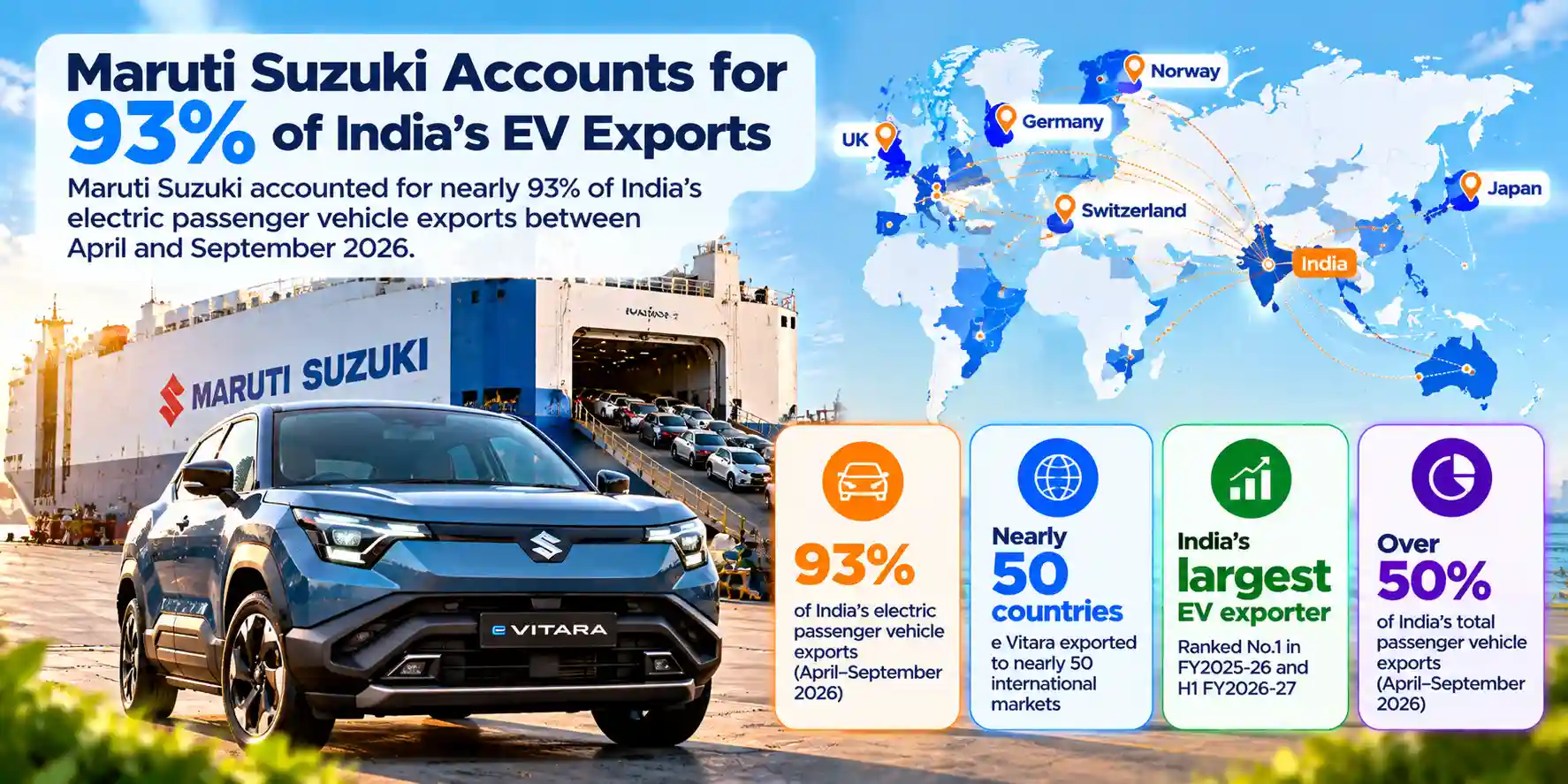 Infographic showing Maruti Suzuki accounting for 93% of India’s electric passenger vehicle exports, with the e Vitara reaching nearly 50 countries from India.