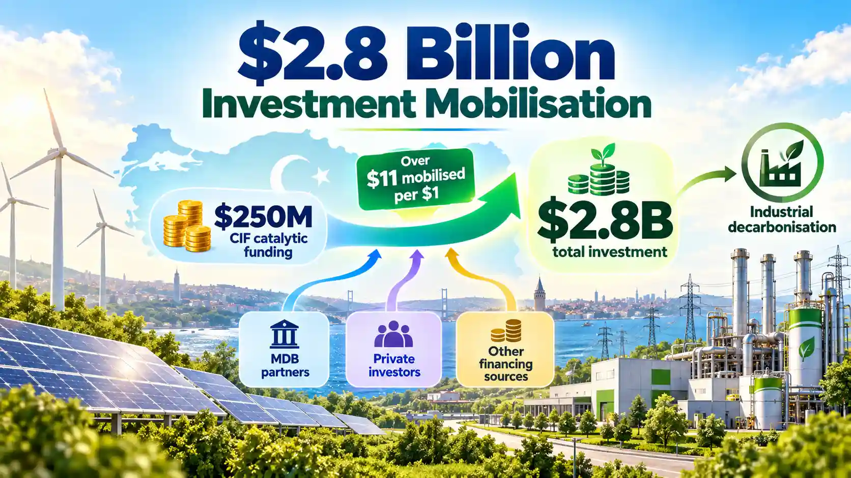 Infographic showing CIF’s $250 million catalytic funding helping mobilise $2.8 billion for Türkiye’s industrial decarbonisation, with support from development banks, private investors and other financing sources.