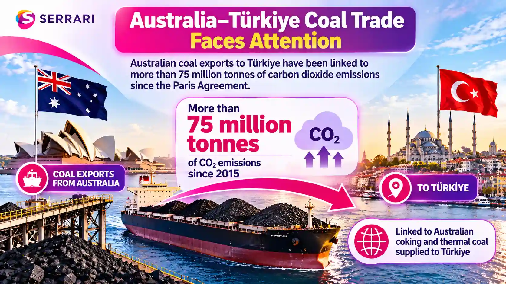 Infographic showing Australian coal exports to Türkiye linked to more than 75 million tonnes of CO₂ emissions since the Paris Agreement in 2015. 