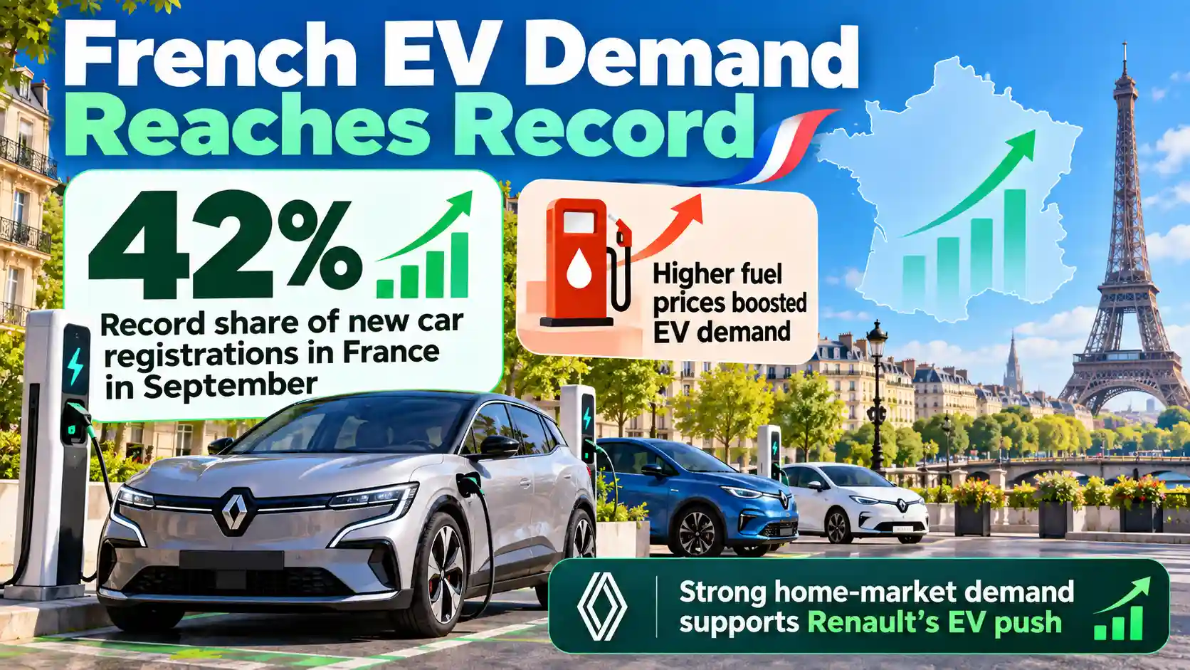 Infographic showing electric vehicles reaching a record 42% of new car registrations in France in September, supporting Renault’s EV investment plans.