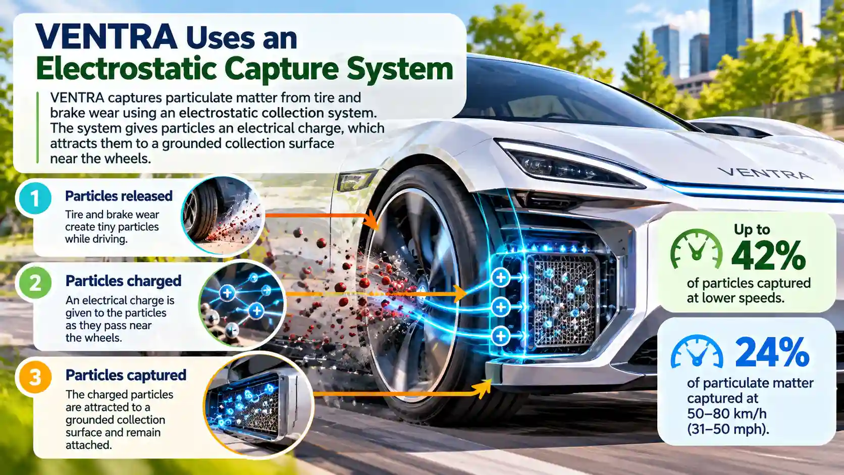 Infographic showing VENTRA’s electrostatic system capturing tire and brake particles, with up to 42% captured at lower speeds and 24% at 50–80 km/h.