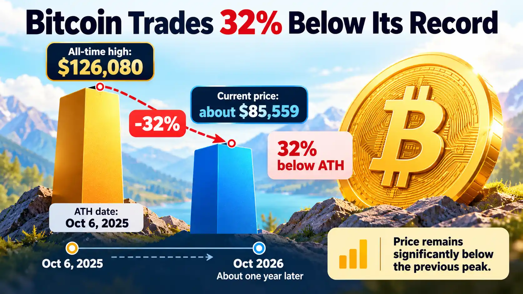 Infographic showing Bitcoin trading around $85,559, approximately 32% below its $126,080 all-time high reached on October 6, 2025.