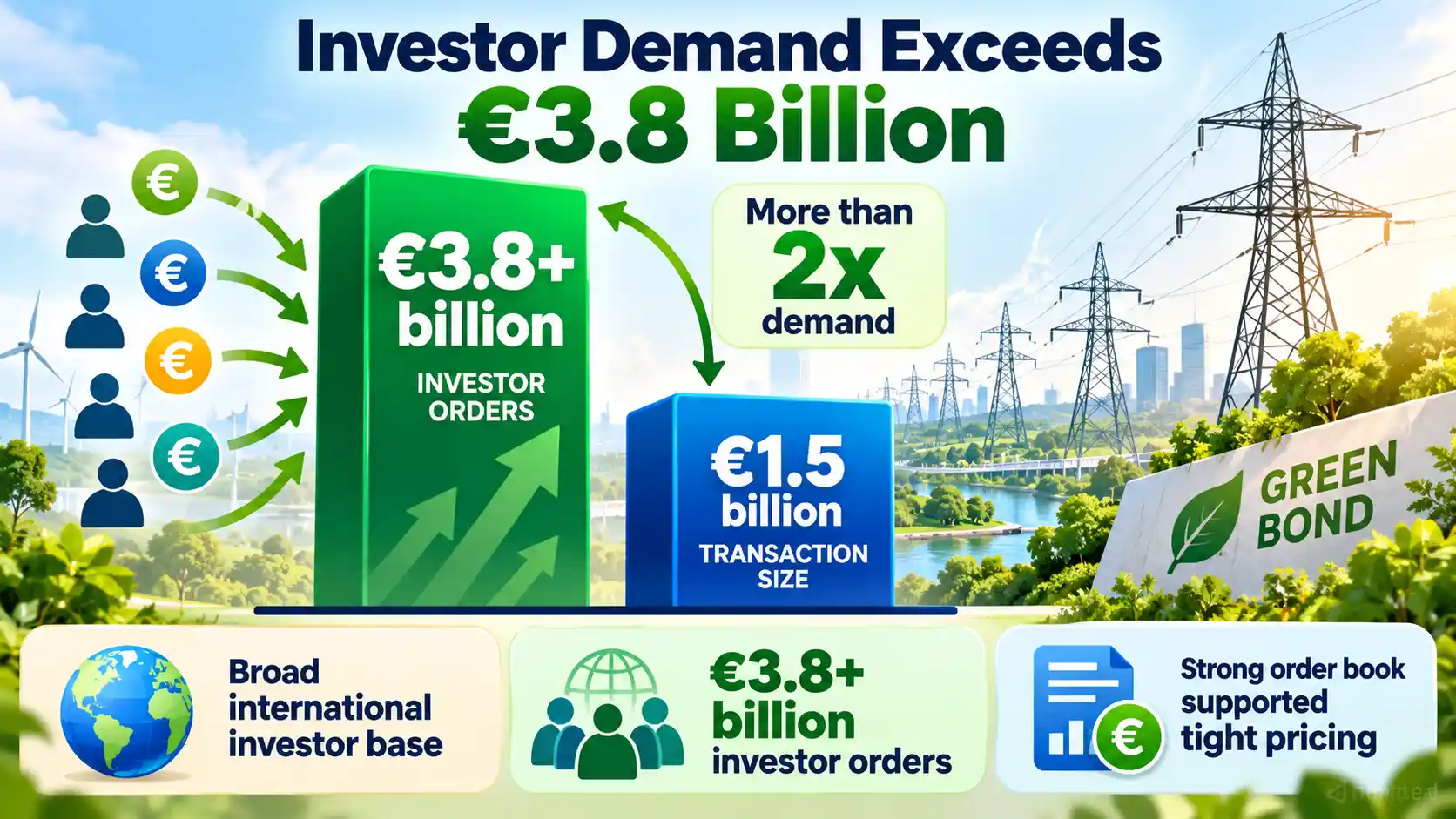 Infographic showing TenneT Netherlands’ €1.5 billion green bond attracting more than €3.8 billion in investor orders, over twice the transaction size.