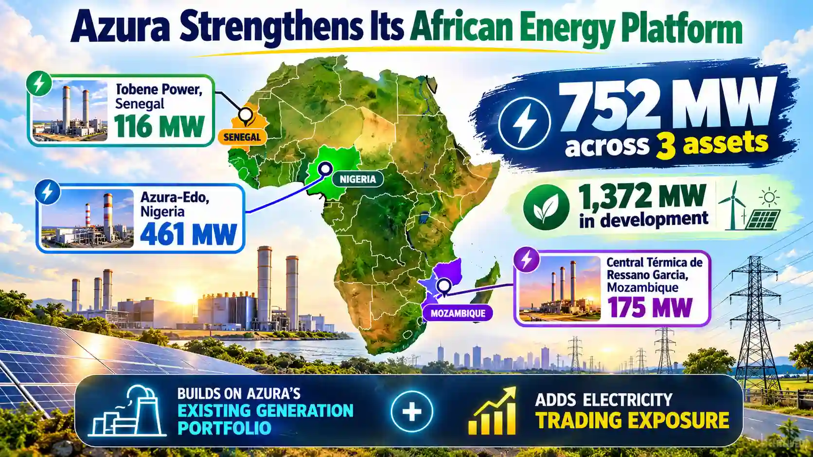 Infographic showing Azura Power’s African energy platform with 752 MW across three generation assets in Nigeria, Senegal and Mozambique, plus 1,372 MW in development and added electricity trading exposure.