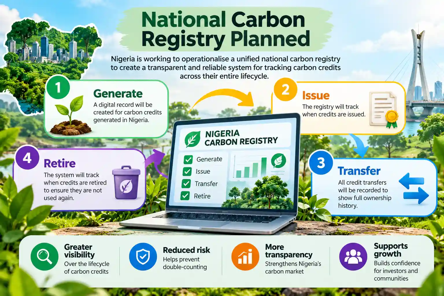 Infographic showing Nigeria’s planned national carbon registry tracking carbon credits from generation and issuance through transfer and retirement to improve transparency and reduce double-counting.