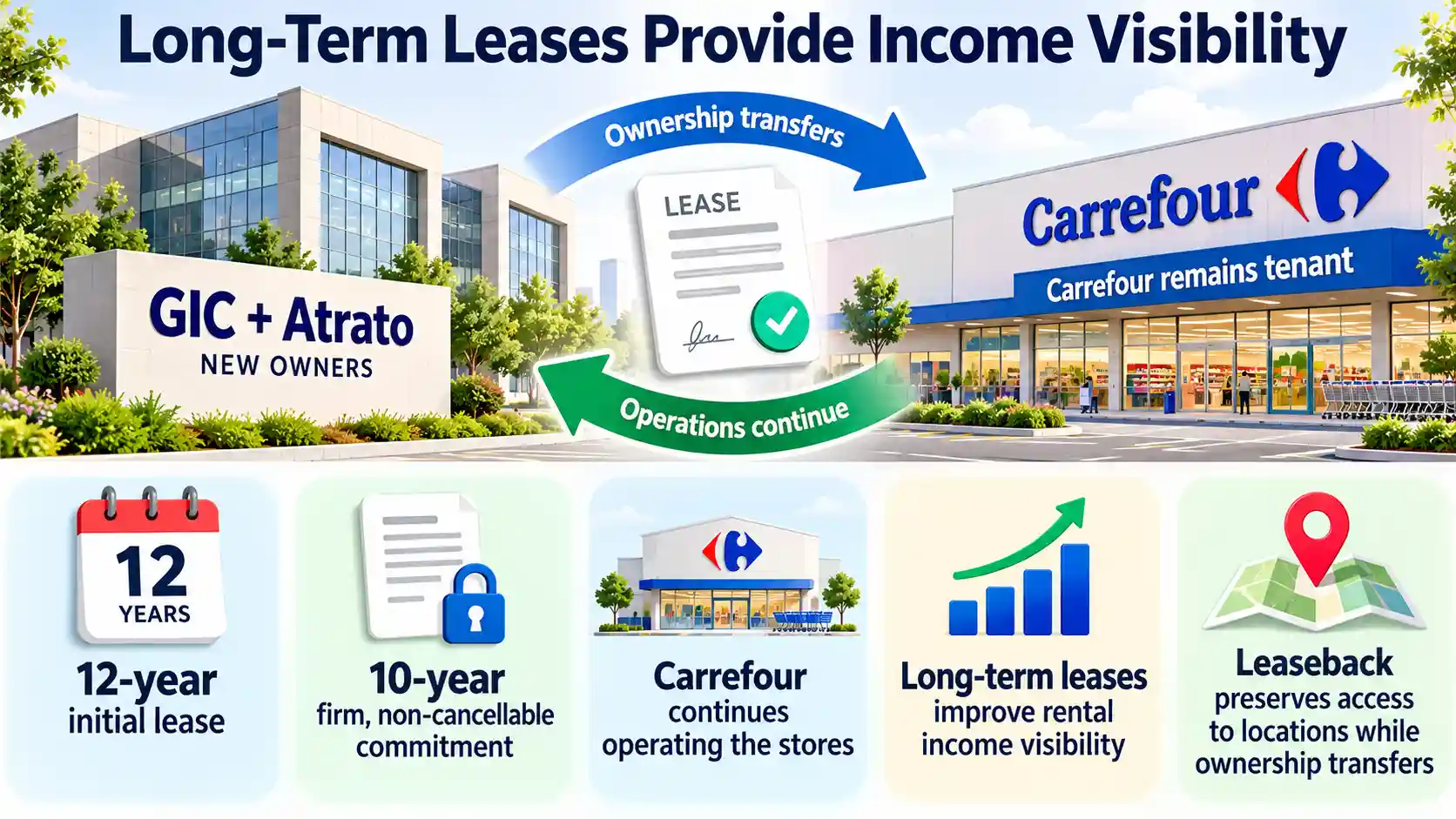 Infographic showing Carrefour continuing to operate its stores under a 12-year lease, including a 10-year firm commitment, after ownership transfers to GIC and Atrato.