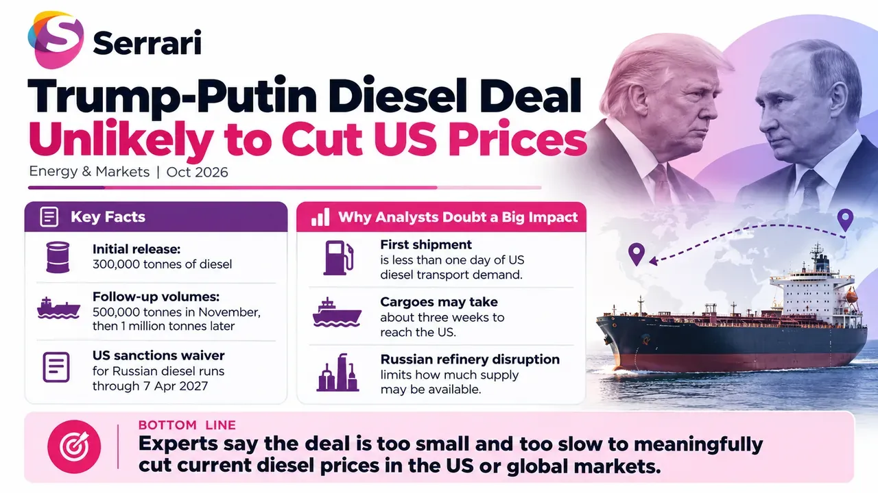Infographic showing why a Trump-Putin diesel deal may not reduce US fuel costs, highlighting diesel prices, oil supply, energy markets, and fuel policy