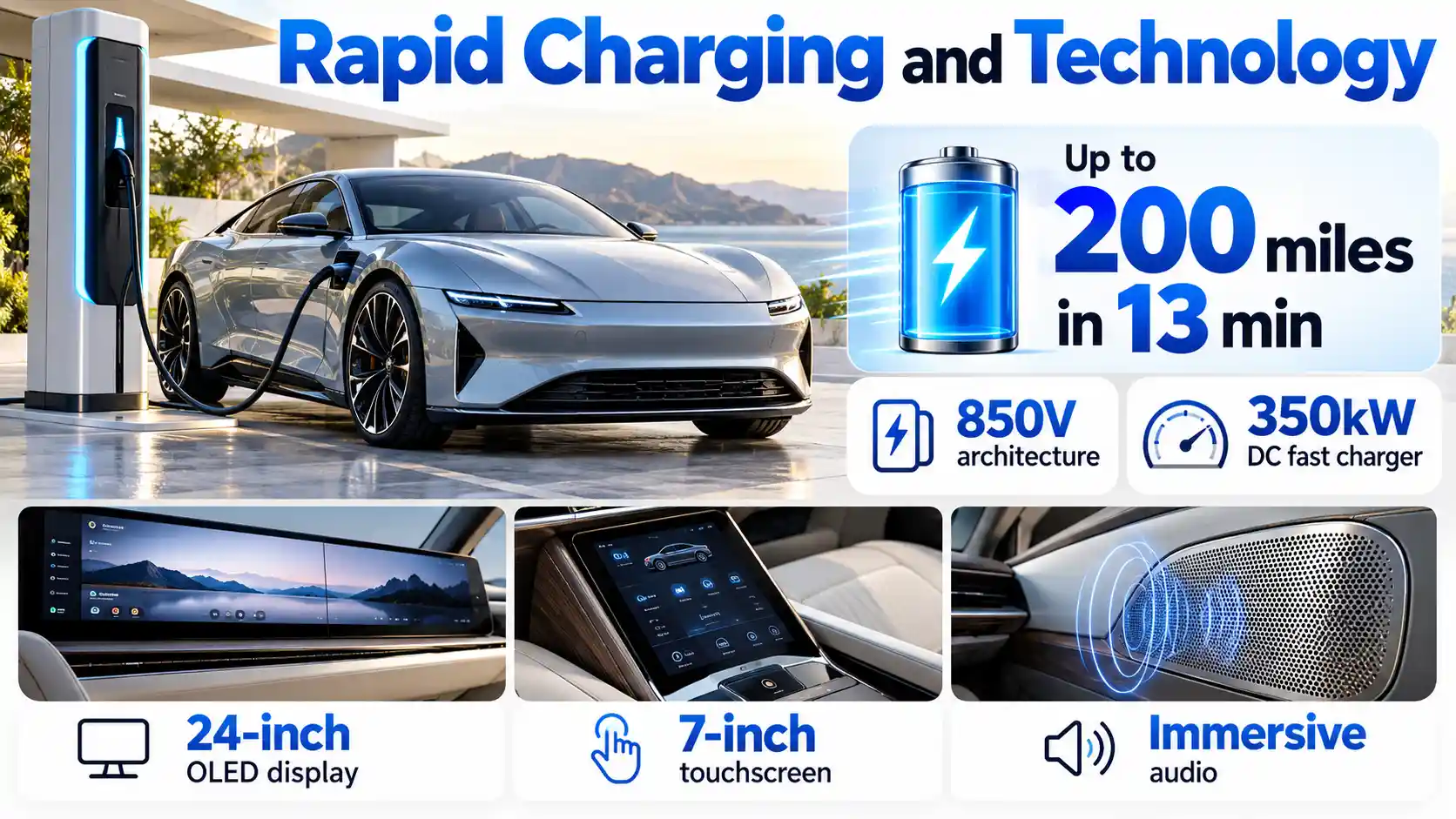 Infographic showing the Jaguar Type 01’s rapid-charging technology, including up to 200 miles of range in 13 minutes using a compatible 350kW charger, alongside its 850-volt architecture and premium digital interior.