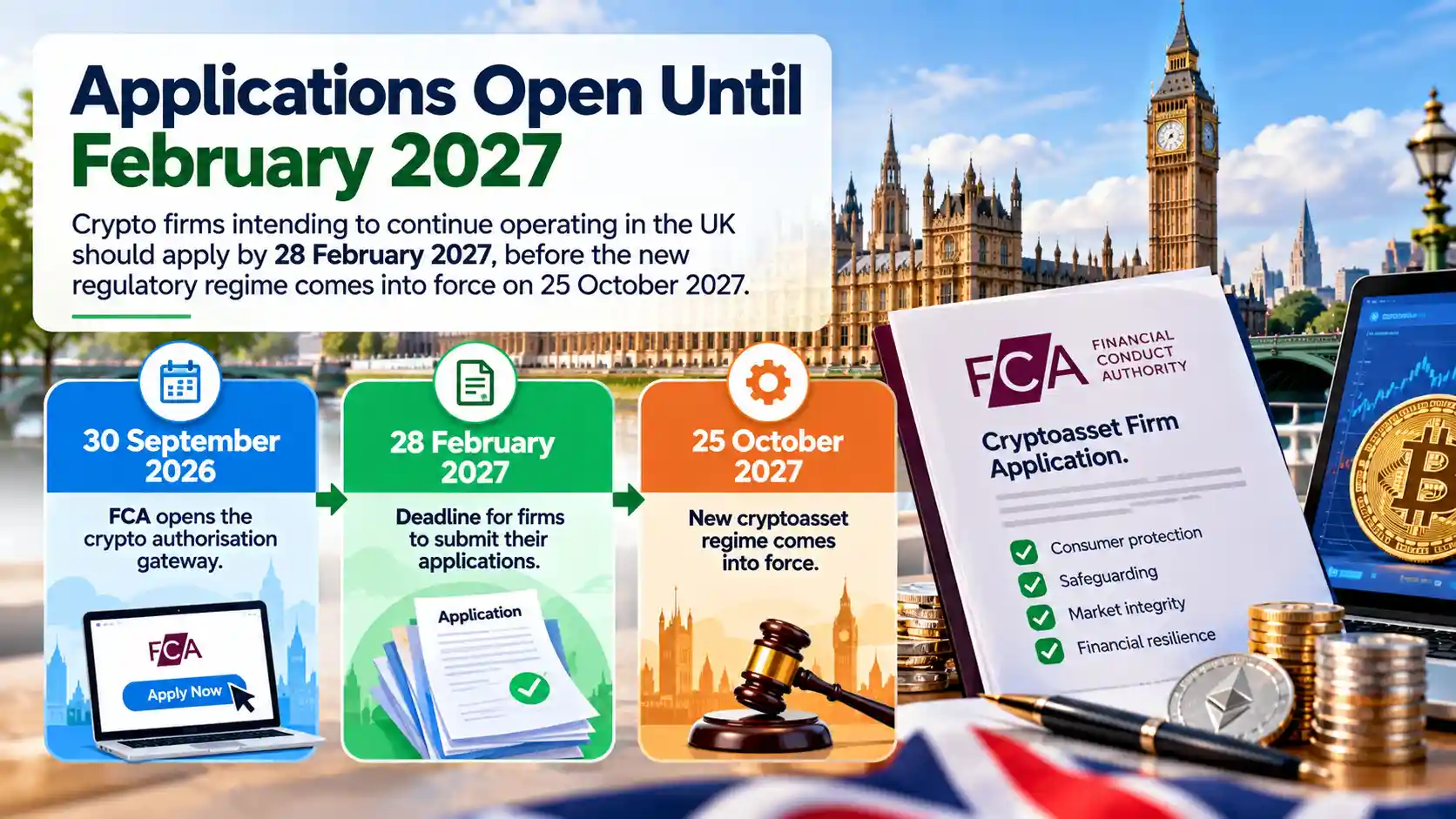 Infographic showing the UK FCA crypto authorisation timeline, with applications due by 28 February 2027 before the new regulatory regime begins on 25 October 2027.